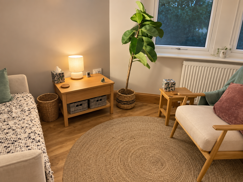 The calm counselling room used for in-person sessions